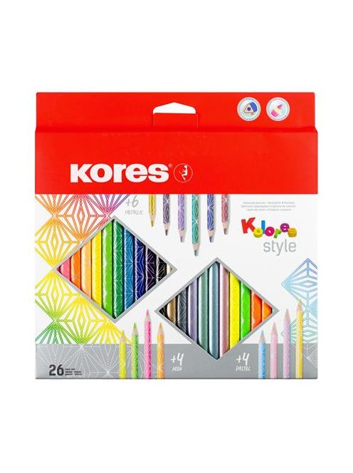 Színes ceruza készlet, háromszögletű, KORES "Kolores Style", 26 különböző szín (IK93320)