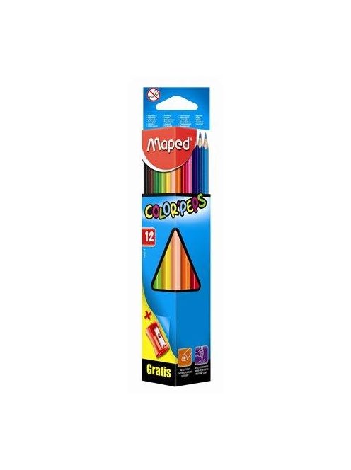 Színes ceruza készlet, háromszögletű, hegyezővel, MAPED "Color'Peps Star", 12 különböző szín (IMA183213)