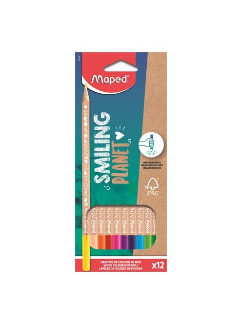 Színes ceruza készlet, háromszögletű, FSC, MAPED "Smiling Planet", 12 különböző szín (IMA831800)