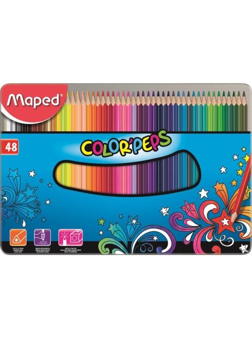 Színes ceruza készlet, háromszögletű, fém doboz, MAPED "Color'Peps Star", 48 különböző szín (IMA832058)