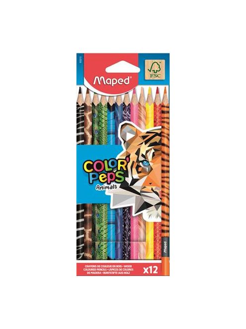 Színes ceruza készlet, háromszögletű, MAPED "Color'Peps Animal", 12 különböző szín (IMA832212)
