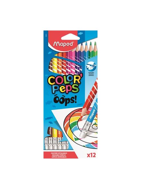 Színes ceruza készlet, háromszögletű, radírozható, MAPED "Color'Peps Oops", 12 különböző szín (IMA832812)