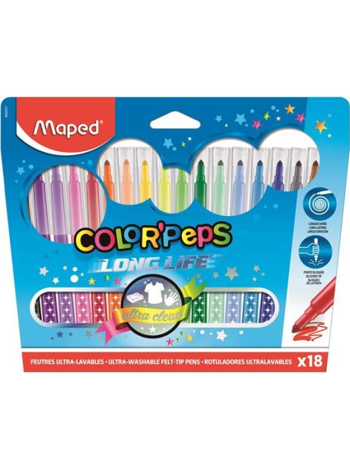 Filctoll készlet, mosható, MAPED "Color'Peps Long Life", 18 különböző szín (IMA845021)