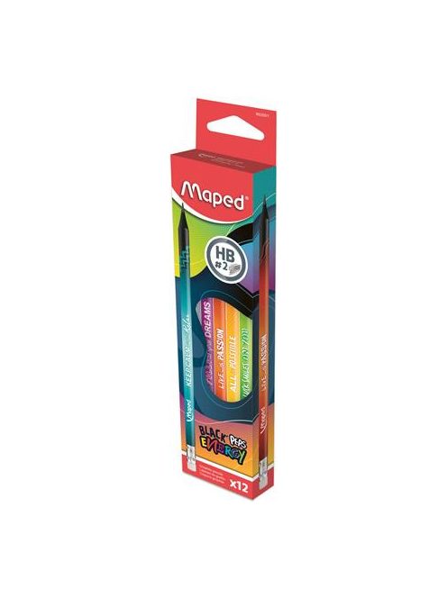 Grafitceruza radírral, HB, háromszögletű, MAPED "Black'Peps Energy", 6 különböző minta (IMA852001)