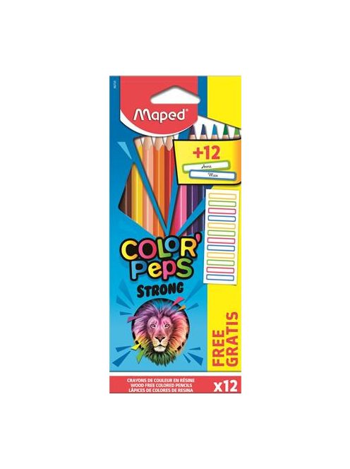 Színes ceruza készlet, háromszögletű, MAPED, "Color'Peps Strong" 12 különböző szín + 12 ajándék matrica (IMA862725)