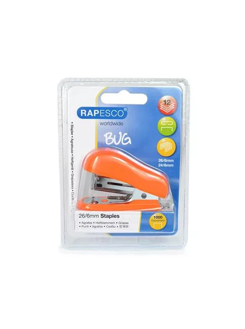 Tűzőgép, 24/6, 26/6, 12 lap, RAPESCO "Bug Mini", narancs (IR1410)