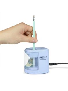   Hegyező, kétlyukú, asztali, elemes, USB töltővel, RAPESCO"PS12-USB", világoskék (IR1447)