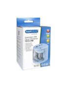 Hegyező, kétlyukú, asztali, elemes, USB töltővel, RAPESCO"PS12-USB", világoskék (IR1447)