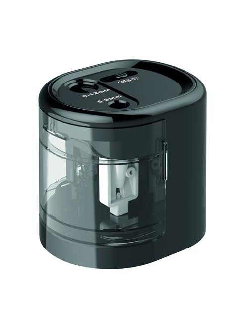 Hegyező, kétlyukú, asztali, elemes, USB töltővel, RAPESCO"PS12-USB", fekete (IR1449)