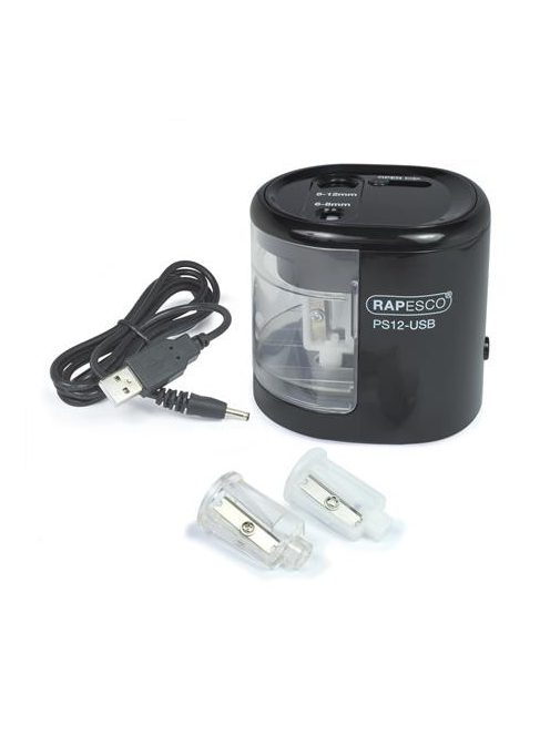 Hegyező, kétlyukú, asztali, elemes, USB töltővel, RAPESCO"PS12-USB", fekete (IR1449)