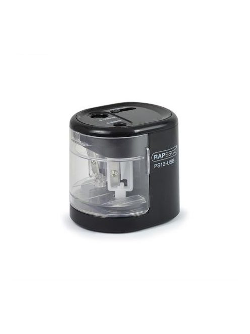 Hegyező, kétlyukú, asztali, elemes, USB töltővel, RAPESCO"PS12-USB", fekete (IR1449)