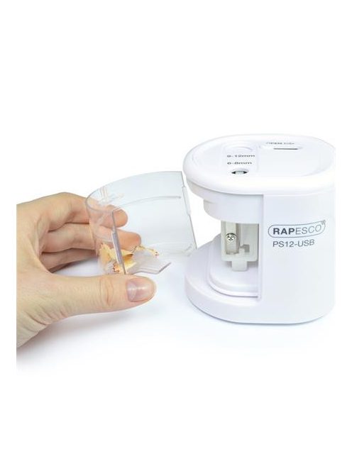 Hegyező, kétlyukú, asztali, elemes, USB töltővel, RAPESCO"PS12-USB", fekete (IR1449)