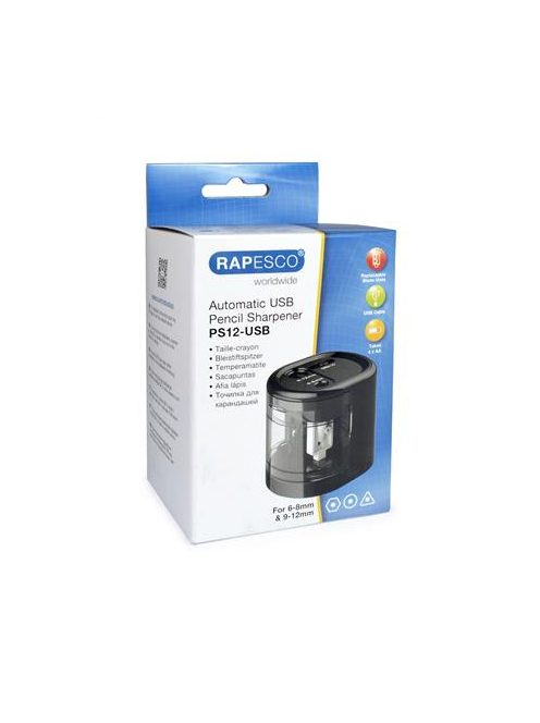 Hegyező, kétlyukú, asztali, elemes, USB töltővel, RAPESCO"PS12-USB", fekete (IR1449)