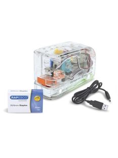   Tűzőgép, 26/6, 15 lap, elemes, USB töltővel, RAPESCO "626EL", átlátszó (IR1450)