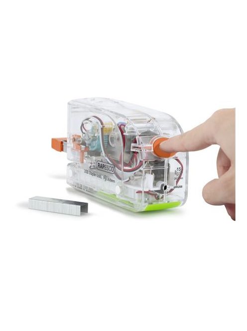 Tűzőgép, 26/6, 15 lap, elemes, USB töltővel, RAPESCO "626EL", átlátszó (IR1450)