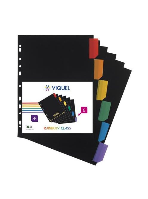 Regiszter, műanyag, A4 Maxi, 6 részes, VIQUEL "Rainbow Class", fekete, elválasztólap (IV157067)