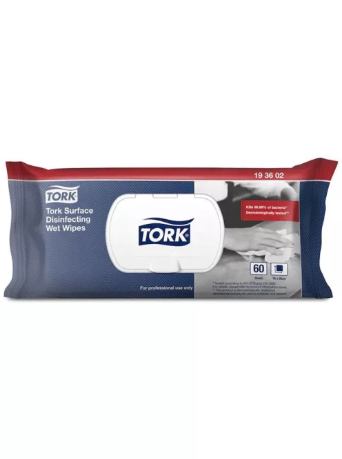 Felületfertőtlenítő tisztítókendő, nedves, 1 rétegű, 60 lap, visszazárható csomag, TORK, citrus (KHH749)
