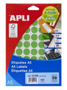   Etikett, 19 mm kör, színes, A5 hordozón, APLI, zöld, 560 etikett/csomag, APLI