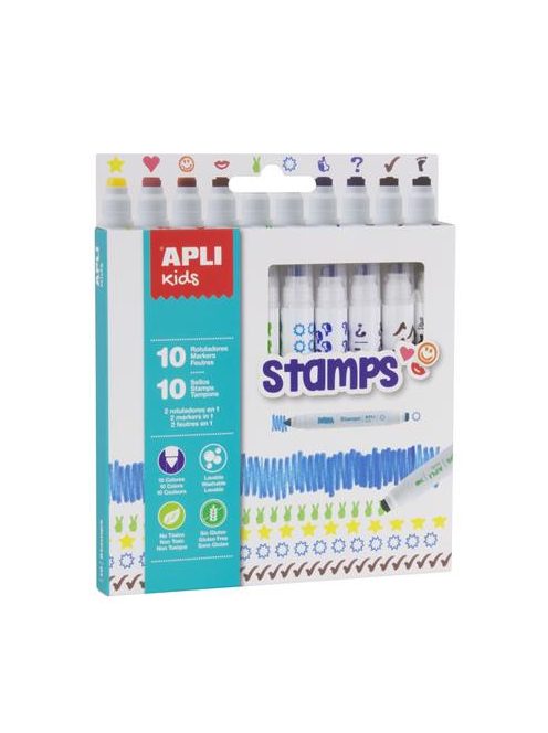 Filctoll készlet, nyomda, APLI Kids "Markers Duo Stamps", 10 különböző szín és minta (LCA16807)
