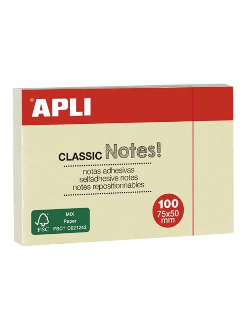 Öntapadó jegyzettömb, 50x75 mm, 100 lap, APLI "Classic", sárga (LNP10971)