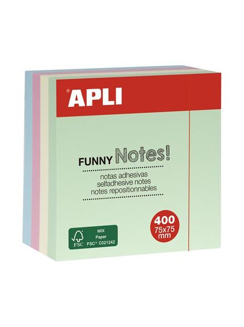 Öntapadó jegyzettömb, 75x75 mm, 400 lap, APLI "Funny", pasztell (LNP10972)