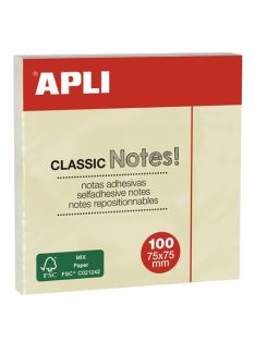   Öntapadó jegyzettömb, 75x75 mm, 100 lap, APLI "Classic", sárga (LNP10975)