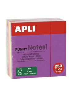   Öntapadó jegyzettömb, 51x51 mm, 250 lap, APLI "Funny", neon (LNP11596)