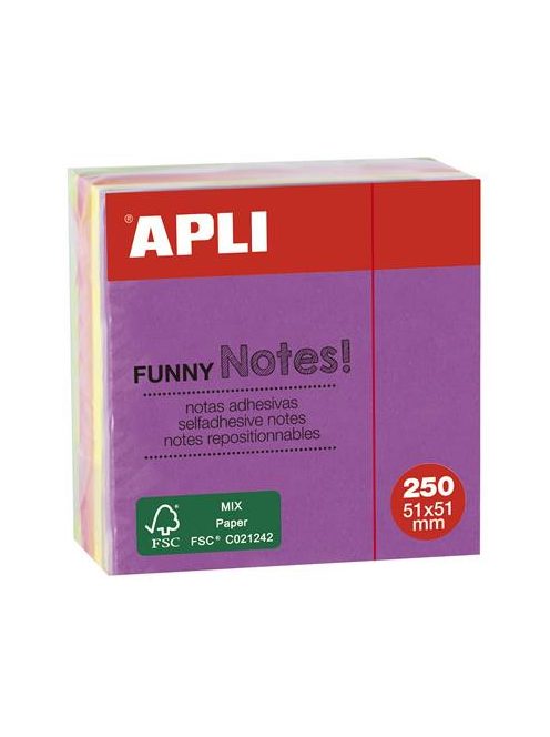 Öntapadó jegyzettömb, 51x51 mm, 250 lap, APLI "Funny", neon (LNP11596)