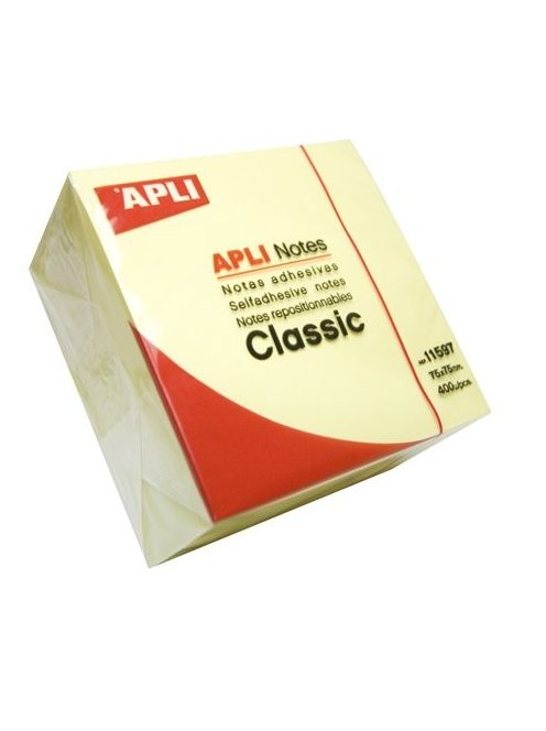 Öntapadó jegyzettömb, 75x75 mm, 400 lap, APLI "Classic", sárga (LNP11597)