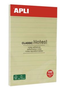   Öntapadó jegyzettömb, vonalas, 100x150 mm, 100 lap, APLI "Classic", sárga (LNP13370)