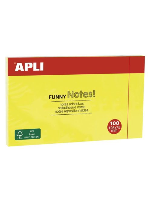 Öntapadó jegyzettömb, 125x75 mm, 100 lap, APLI "Funny", sárga (LNP15002)