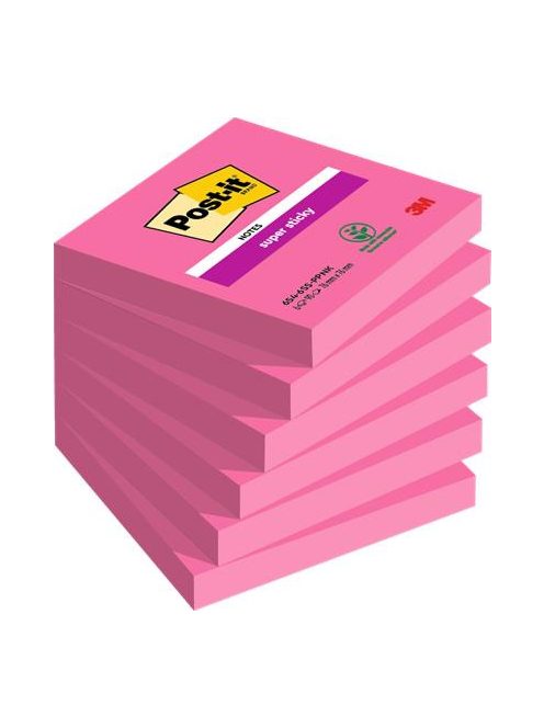 Öntapadó jegyzettömb, 76x76 mm, 6x90 lap, 3M POSTIT "Super Sticky", pink (LP6546SSPNK6)