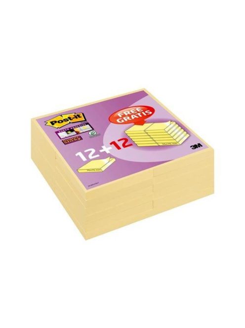 Öntapadó jegyzettömb csomag, 76x76 mm, 24x90 lap, 3M POSTIT "Super Sticky", kanári sárga (LP654SSCY24)