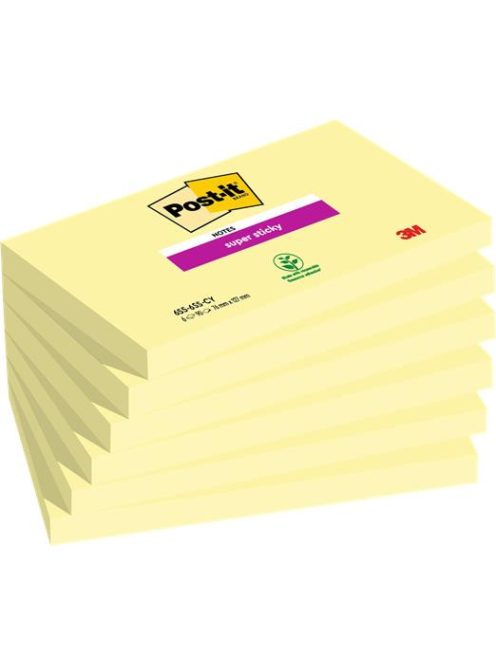 Öntapadó jegyzettömb csomag, 76x127 mm, 6x90 lap, 3M POSTIT "Super Sticky", kanári sárga (LP6556SSCYEU)