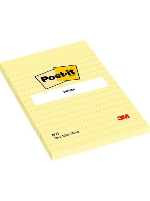 Öntapadó jegyzettömb, 102x152 mm, 100 lap, vonalas, 3M POSTIT, sárga (LP6601)
