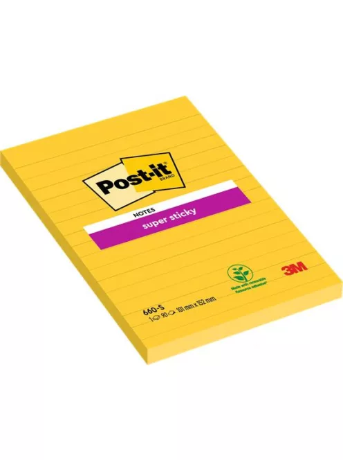 Öntapadó jegyzettömb, 102x152 mm, 90 lap, vonalas, 3M POSTIT "Super Sticky", sárga (LP660S)