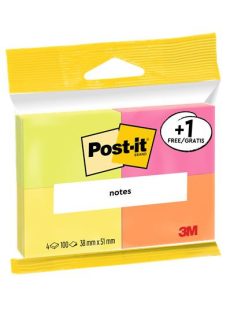   Öntapadó jegyzettömb, 38x51 mm, 4x100 lap, 3M POSTIT, "Neon" (LP6812P)
