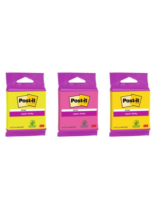 Öntapadó jegyzettömb, 76×76 mm, 75 lap, 3M POSTIT "Super Sticky", vegyes (LP6820SS3)