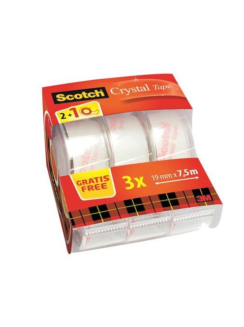 Ragasztószalag adagoló, kézi, 19 mm x 7,5 m, 3M SCOTCH "Crystal", 2+1 akció (LPM61975C32)