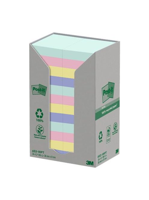 Öntapadó jegyzettömb, 38x51 mm, 24x100 lap, környezetbarát, 3M POSTIT "Nature", vegyes pasztell színek (LPN6531RPT)