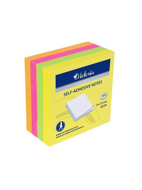 Öntapadó jegyzettömb, 75x75 mm, 400 lap, VICTORIA OFFICE, neon (LV7575N4)