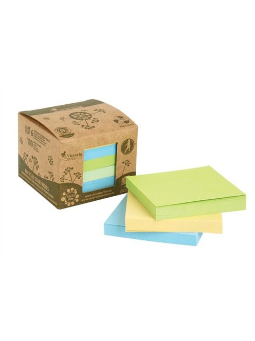 Öntapadó jegyzettömbtorony, 75x75 mm, 6x100 lap, környezetbarát, VICTORIA OFFICE, "Green", vegyes (LVR7575)