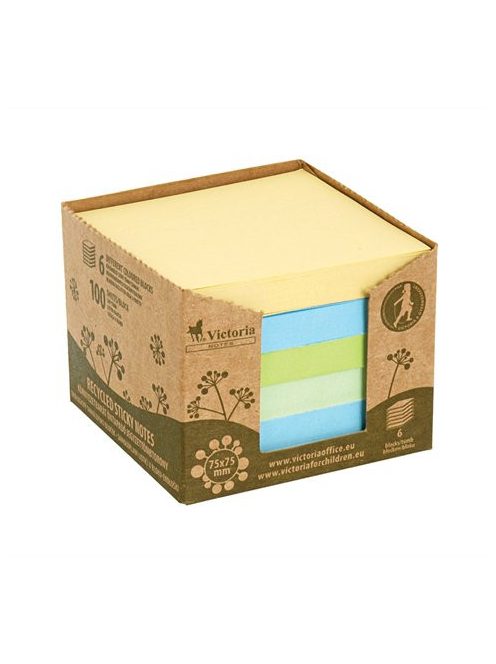 Öntapadó jegyzettömbtorony, 75x75 mm, 6x100 lap, környezetbarát, VICTORIA OFFICE, "Green", vegyes (LVR7575)