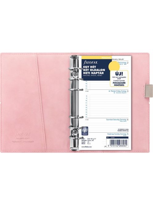 Kalendárium, gyűrűs, betétlapokkal, personal méret, FILOFAX, "Domino" Soft", pasztell rózsaszín (NFX022577)