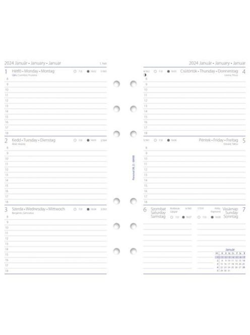 Kalendárium betét, tervező, Filofaxhoz, personal méret, heti, 1 hét/2 oldal, 2024 (NFX6848824)