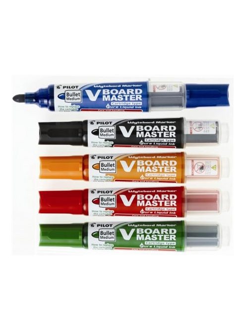 Táblamarker készlet, 2,3 mm, kúpos, tartóval és szivaccsal, PILOT "V-Board Master", 5 különböző szín (PBMTKE)