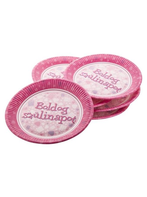 Tányér, papír, 23 cm, "Boldog Születésnapot", rózsaszín (PTFUN001)