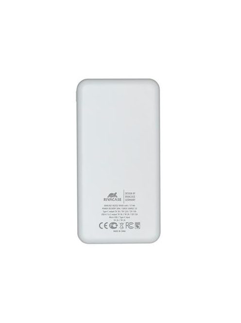 Hordozható akkumulátor, USB-A/USB-C, 10000mAh, 20W, QC/PD, RIVACASE "VA2532", fehér (RHAVA2532W)