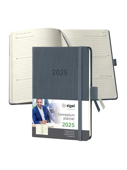 Naptár, A6, heti, 2025, kemény borító, SIGEL "Conceptum", sötét szürke