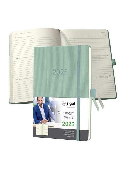 Naptár, A5, heti, 2025, kemény borító, SIGEL "Conceptum", mentazöld